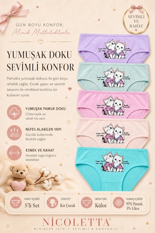 Nicoletta Kız Çocuk Külot 5 Li Paket Pamuklu Likralı Kedi 140754 Çok Renkli