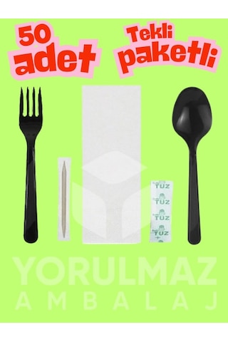 50 Li Siyah Lüks Tekli Ambalajlı Yemek Seti Hijyenik, Pratik, Premium Kalite Kaşık Çatal Peçete Tuz Kürdan