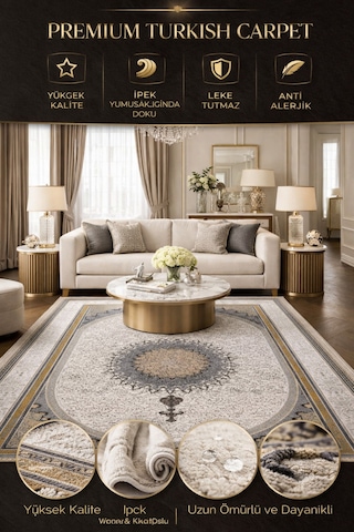 Modern Klasik Gri Bej Gold Detaylı Salon Halısı Yumuşak Dokulu, Sık Dokuma, Leke Tutmaz Premium Halı Çok Renkli