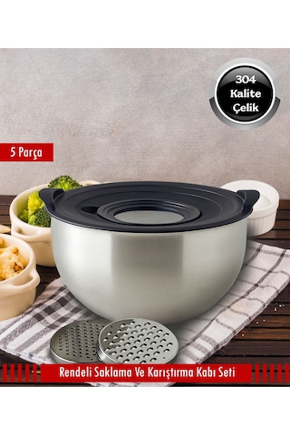 Steel&More Çelik 5 Parça Kase Saklama Ve Karıştırma Kabı Gri