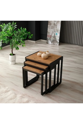 Doğal Ahşap Masif Panel Üçlü Zigon Sehpa Siyah