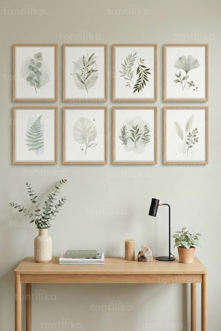 8 Parça Soft Yeşil Botanik Minimal Dekoratif Çerçeve Görünümlü Tablo Seti - Bitki Ve Çiçek Tema