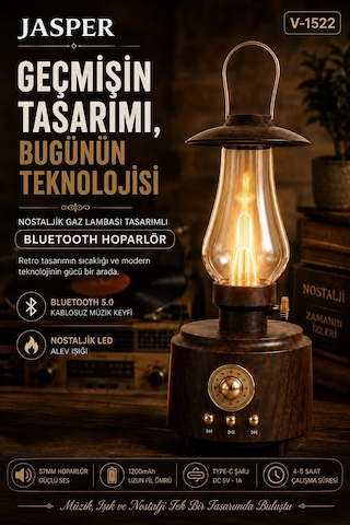 Jasper Jpr-1522 Retro Bluetooth Hoparlör Nostaljik Gaz Lambası Tasarımlı Led Alev Işığı 57mm 5w