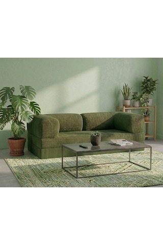 Herev 200x200 Cm 50 Dns Modüler Köşe Koltuk Fitilli Kadife Kumaş, Yatak Olabilen, Modern Tasarım Şark Köşe Yeşil