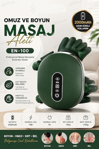 12 Parmaklı Akıllı Boyun Ve Omuz Masaj Aleti Lcd Ekranlı, Isıtmalı, 3 Sensörlü, Kablosuz Şarjlı 2000 Mah Koyu Yeşil