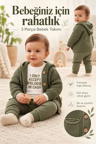 Ahengim Erkek Bebek 3 Parça Kapüşonlu Örgü Hırka Tişört Ve Pantolon Takım Ak50749 Yeşil