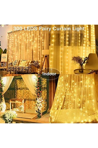 3000k Led Işık Perdesi - 3x3m, 300 Led, 8 Programlı Uzaktan Çok Renkli