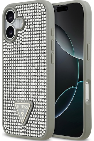 Apple Uyumlu iPhone 17 Kılıf Guess Lisanslı Taşlı Arka Yüzey Üçgen Logolu Kapak Gümüş