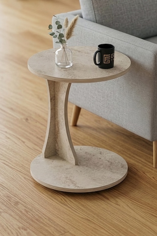 Reyo Falez Yan Sehpa Modern C Sehpa Minimal Tasarım Yuvarlak Orta Sehpa Salon Koltuk Yanı 6098 Traverten Krem