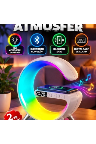 Rgb Atmosfer Lambası Bluetooth Hoparlör, Kablosuz Şarj, Dijital Saat Ve Gündoğumu Alarm