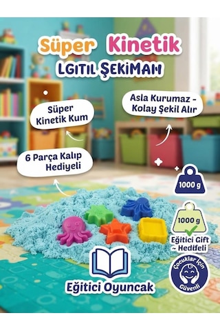 6 Kalıp Hediyeli Kinetik Oyun Kumu Kolay Temizlenen Parlak Kurumayan Güvenli Eğitici Oyuncak Kum Turkuaz