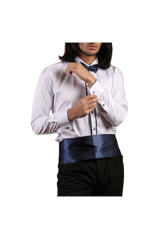 Dicotto Beyaz Lacivert Çift Bieli Damatlık Ata Yaka Kol Düğmeli Slim Fit Smokin Gömlek - 011 001