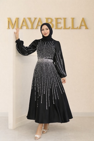 Mayabella İşlemeli Saten Tesettür Abiye Siyah Siyah
