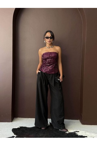 Ckm Moda Rubina Payetli Straplez Bluz Mürdüm