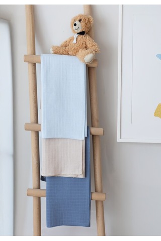 Çok Amaçlı Müslin Örtü & Battaniye 3'lü Set Pamuk Oeko-teks Sertifikalı 80x80 Cm Bebe Mavi