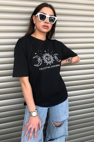Startmore Bisiklet Yaka Siyah Ay Baskılı Oversize Siyah