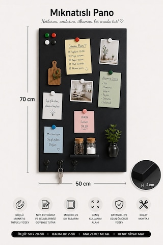 Yiğit Metal Mıknatıslı Pano Siyah Ofis/çalışma Odası İçin Mıknatıs Hediyeli Metal Magnet Hatıra Panosu 50x70cm 50 x 70 CM