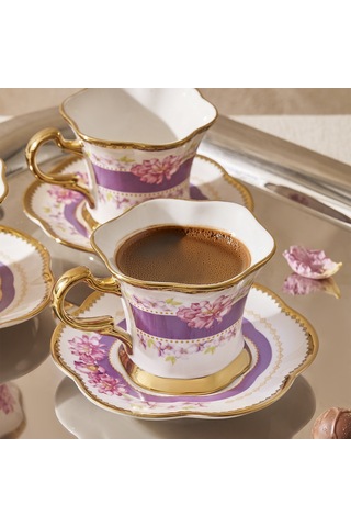 Aryıldız Lal 12 Parça 6 Kişilik Kahve Fincan Takımı Mor 90 Ml Çok Renkli