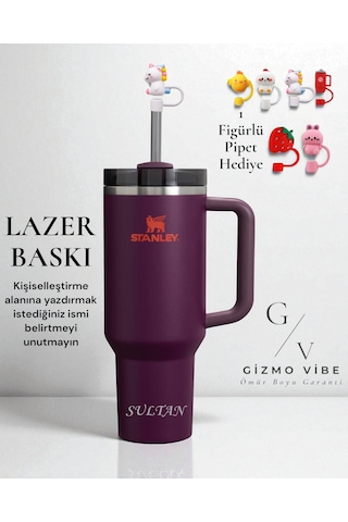 Stanley Kişiselleştirilebilir Quencher Pipetli Paslanmaz Çelik Vakum Yalıtımlı Termos Bardak 1.18 L Özel İsimli Mor