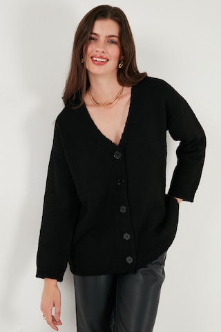 Lela Regular Fit V Yaka Düğmeli Triko Bayan Hırka 4616229 Siyah