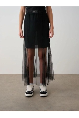 Kız Çocuk Tül Detaylı Astarlı Etek-14786 Siyah