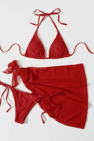Angelsin Pareolu Bağlamalı 3'lü Bikini Takım Set Çıkartılabilir Kaplı Kırmızı