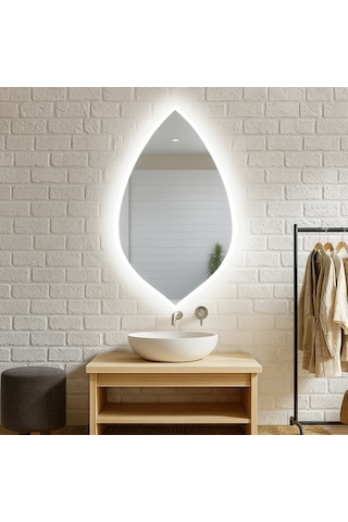 70x120 Cm Damla Form Led Ayna Dokunmatik, Dim Edilebilir, 6500 Beyaz Işık Modern Duvar Aynası Beyaz