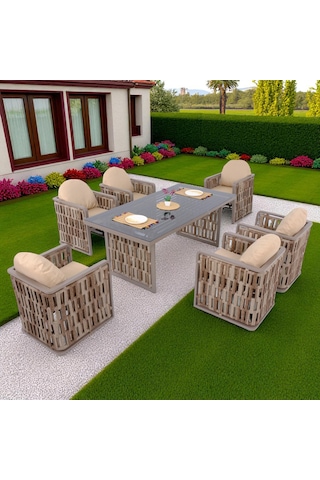 Talia Rattan Bahçe Masa Takımı 100x200 6 Kişilik Bahçe Mobilyası Gri