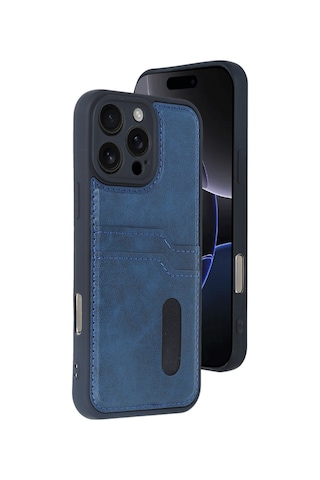 Apple iPhone Uyumlu Uyumlu 16 Pro Max Kılıf Sara Kartvizitli Deri Kılıf - Lacivert