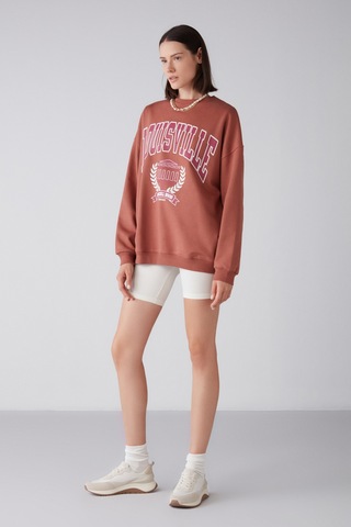 ETHIQUET RA ONA Kadın Oversize Yumuşacık İçi Polarlı Organik Pamuklu Baskılı Yuvarlak Yakalı Kiremit Rengi Sweatshirt