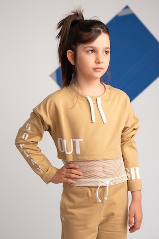 Zeyland Kız Çocuk Go Play Fileli Crop Bej Sweatshirt (4-12Yaş)