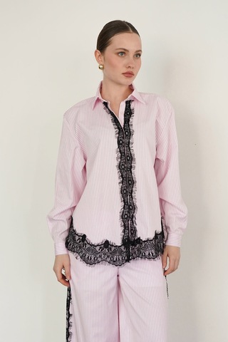 Verymoda Dantel Detaylı Çizgili Gömlek - F2082 Pembe