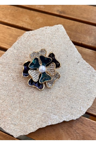 İnci Taşlı Yonca Broş Çok Renkli