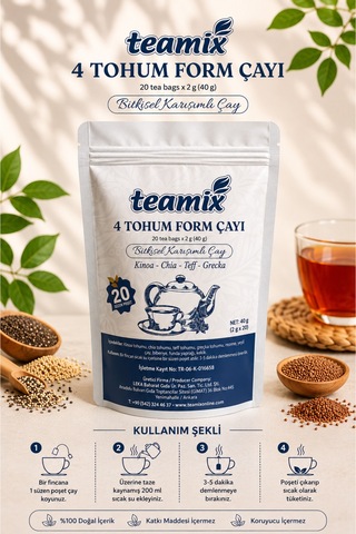 4 Tohum Form Çayı Kinoa Chia Teff Grecka Bitkisel Karışımlı Çay 20 Süzen Doypack Ambalaj