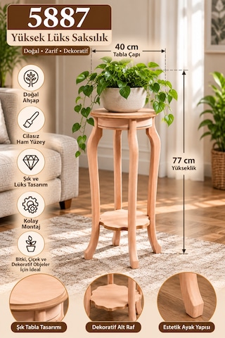 Mmb-trade 5887 Yüksek Lüks Saksılık 77 Cm Cilasız Ham Ahşap Dekoratif Çiçeklik Standı, Boyanabilir Yuvarlak Saksı Sehpası 40x40x77 Cm Mmbz
