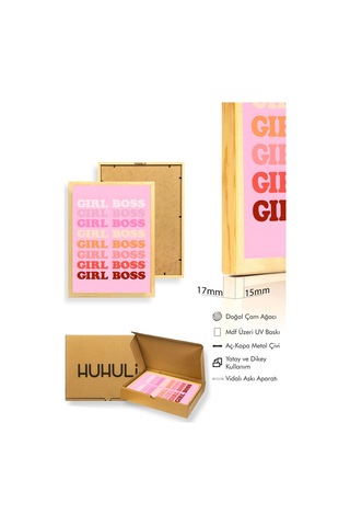 Doğal Ahşap Çerçeveli Retro Pop Art Tablo - Girl Boss Sloganı Yazı Huhu2830