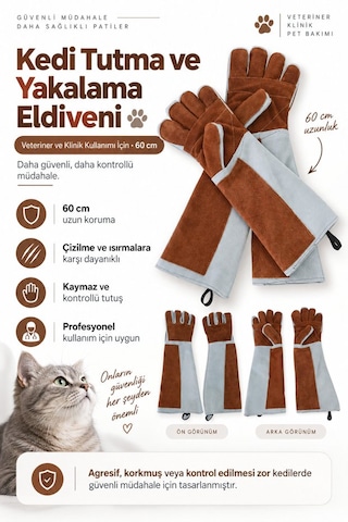 Petgrooming Profesyonel Veteriner Kedi Tutma Ve Yakalama Eldiveni 60 Cm Uzun Kollu Koruyucu Eldiven