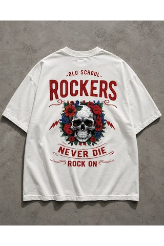 Montree Rockers Baskılı Oversize %100 Pamuk Premium Tişört Beyaz