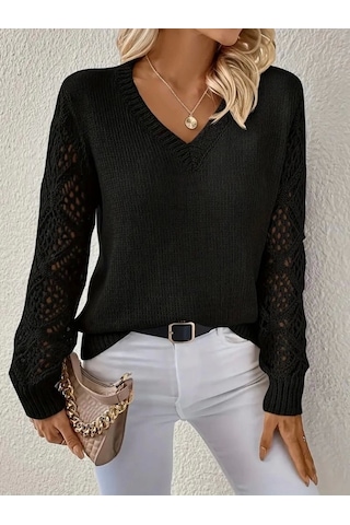 Kadın Uzun Kollu V Yaka Kol Delikli Baklava Desen Detaylı Triko Kazak Siyah