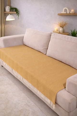 Pamuklu Koltuk Örtüsü 115x200 Cm Çekyat Ve Kanepeler İçin Koruyucu Önden Saçaklı Dekoratif Kaymaz Sarı