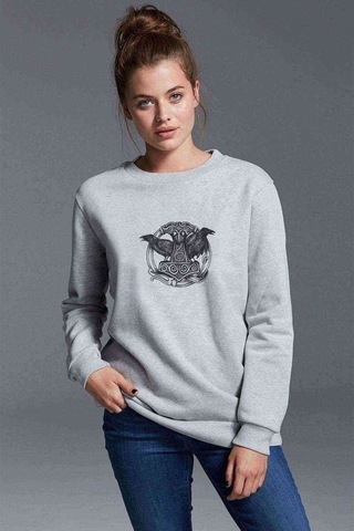 Viking Mitolojisi Odin Raven Baskılı Gri Kadın Sweatshirt