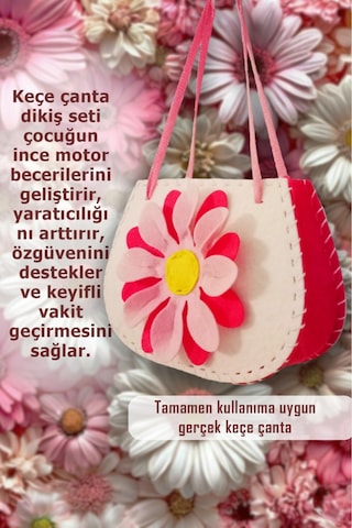 Keçe Dikiş Seti , Çiçekli Keçe Çanta, Kendin Yap Çocuk Çantası