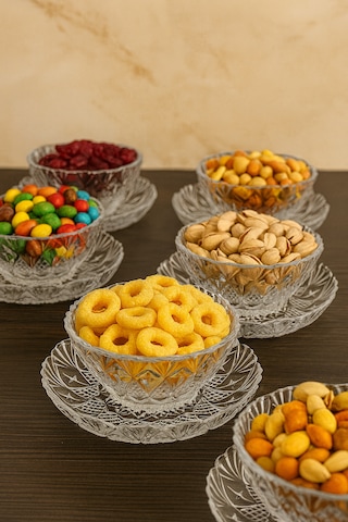 6 Kişilik 12 Parça Cam Desenli Çerezlik Kase Tabak Şeffaf