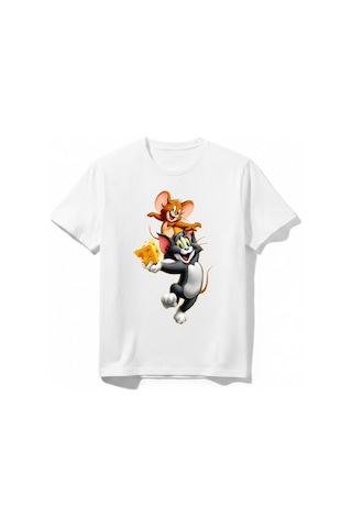 Urbantrendstore Tom And Jerry Unisex Kız Çocuk Bisiklet Yuvarlak Yaka Basic Kısa Kollu %100 Pamuk Tişört Beyaz