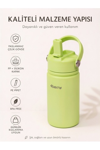 350 Ml Kulplu Pipetli Çelik Termos Bardak Bpa Free, Taşınabilir Mini Termos, Yeşil