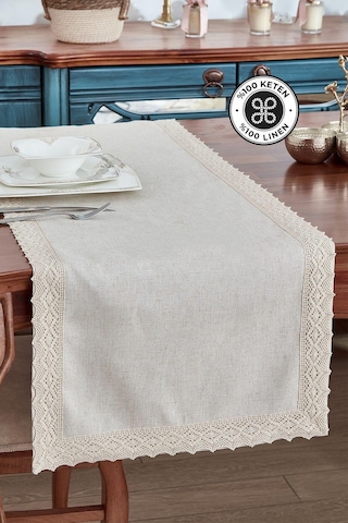Evlen Home %100 Keten Pamuk Dantelli Runner 50x130 Cm Linen Kumaş Masa Örtüsü Sehpa Leke Tutmaz Mutfak Bej