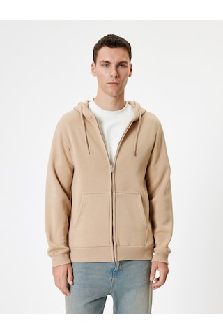 Koton Fermuarlı Sweatshirt Kapşonlu Cep Detaylı Pamuk Karışımlı Bej 5wam70016mk Ekru