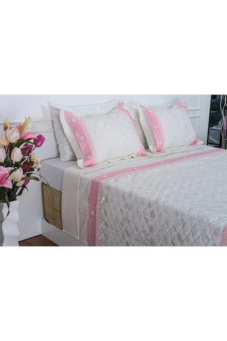 Gülfem Pamuk Baskılı Krem Pembe Yatak Örtüsü Çift Kş. 6 Parça 245x260 Cm 1450 Pembe