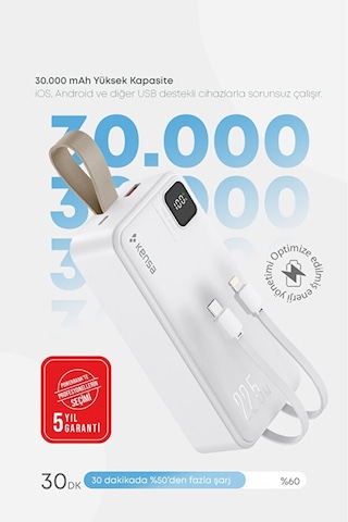 Taşınabilir 30.000 Mah Powerbank 22.5w Pd Hızlı Şarj, Led Gösterge, Android & Apple Uyumlu iOS Beyaz