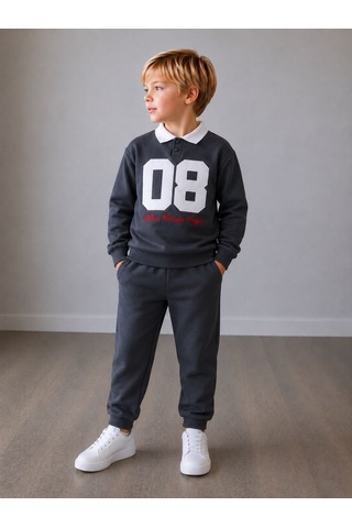 Polo Yaka Nakışlı Erkek Çocuk Sweatshirt & Eşofman Alt Üst Takım Kolej Stili Ve Şıklık Bir Arada Gri